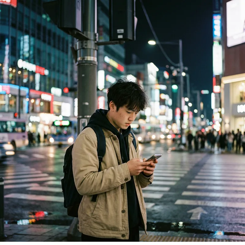 A young traveler checking a phone map at a neon-lit Seoul street crossing at night, wet pavement reflecting the signs