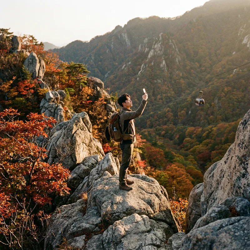 A hiker on a granite ridge in Seoraksan national park at golden hour holding up a phone to check the signal, autumn maples below