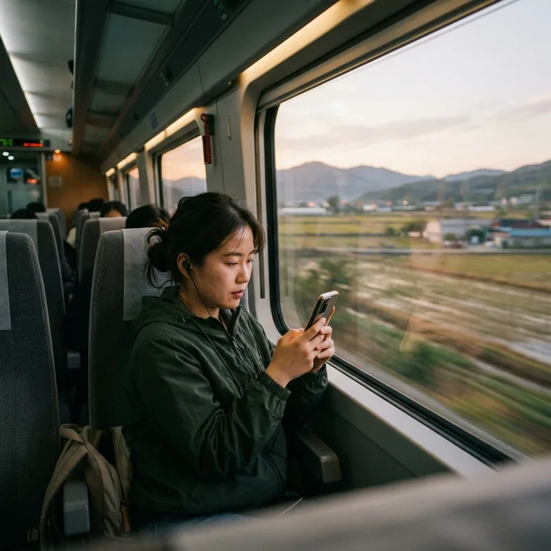 A traveler streaming video with earbuds on a KTX train, rice fields rushing past the window at sunset